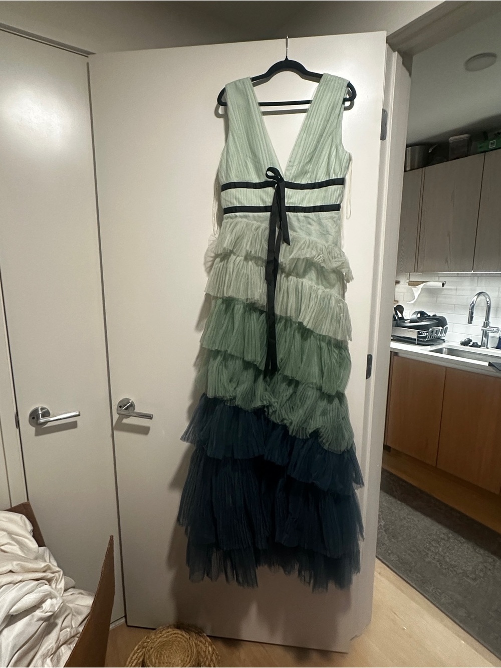 Ombre Green Tiered Tulle Maxi Dress with Black Ribbon - Picture 2 of 5